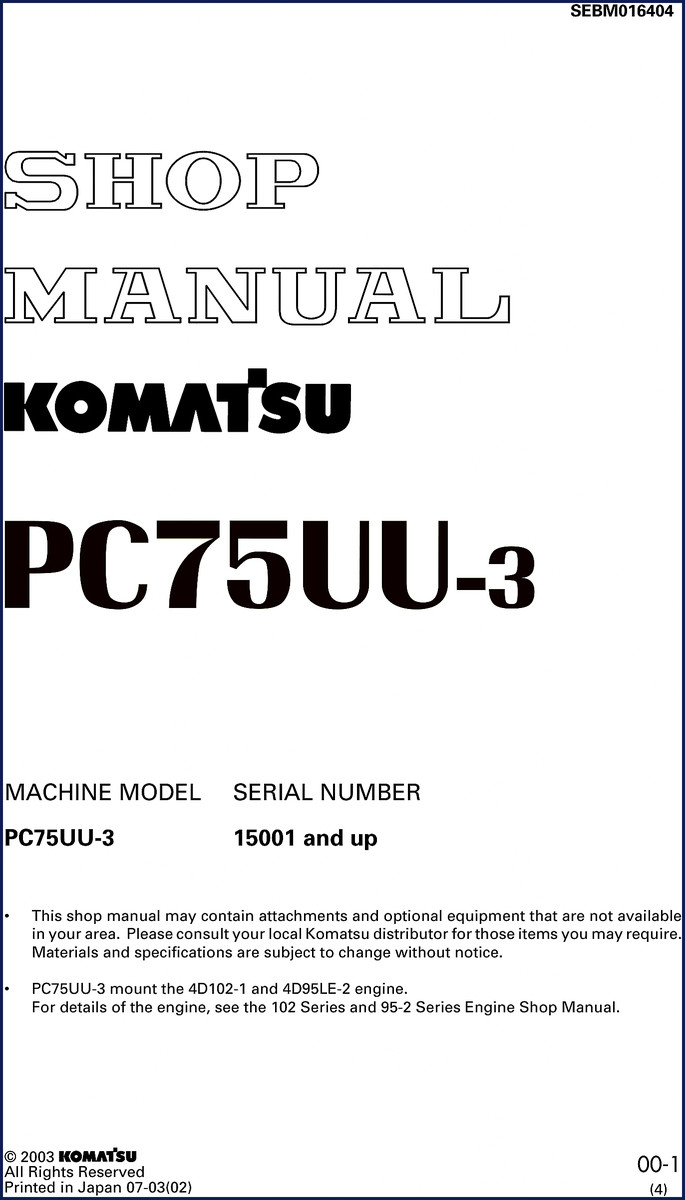 Komatsu PC75UU-3 2003 workshop manual cover showing machine and title