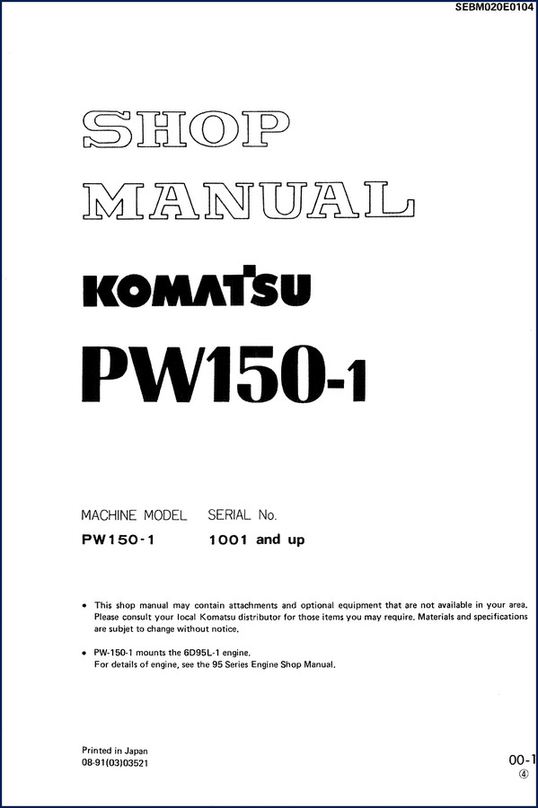 Komatsu PW150-1 Workshop Manual 1991 cover - factory OEM shop manual