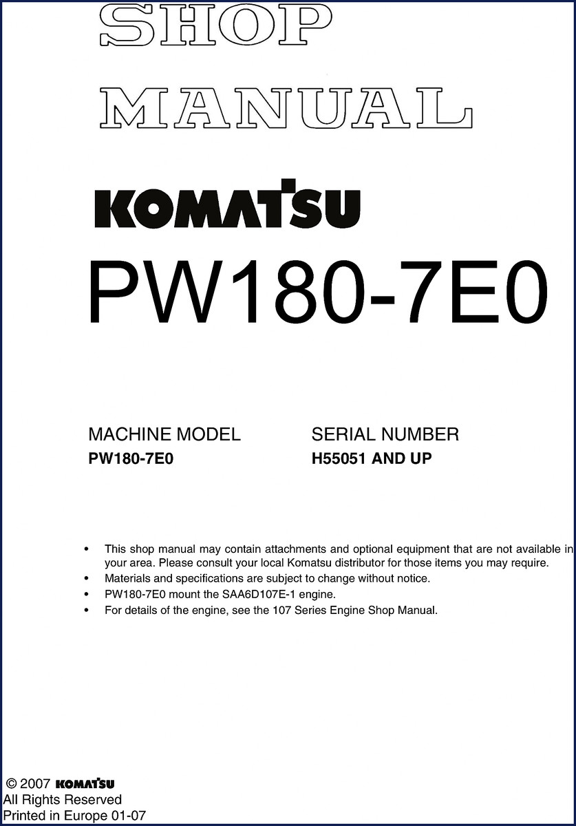 Komatsu PW180-7E0 2007 Workshop Manual cover