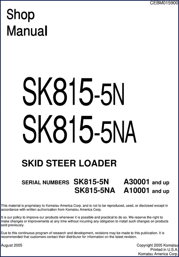 Komatsu SK815-5N SK815-5NA 2005 Workshop Manual cover page showing skid steer loader