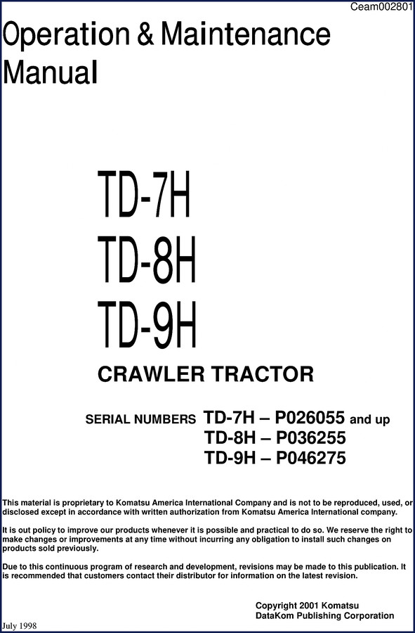 Komatsu TD-7H, TD-8H, TD-9H 1996 Workshop Manual cover