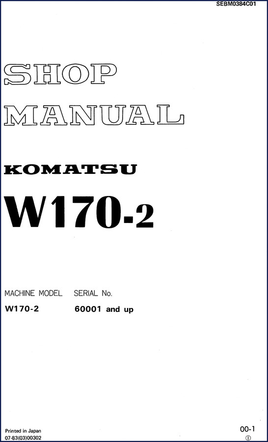 Komatsu W170-2 OEM Workshop Manual cover, 526 pages, factory repair guide for engines and hydraulics