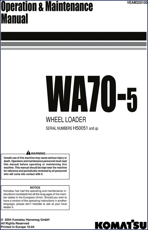 2004 Komatsu WA70-5 Operators Manual cover