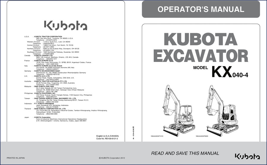 Kubota KX040-4 2012 operator manual cover