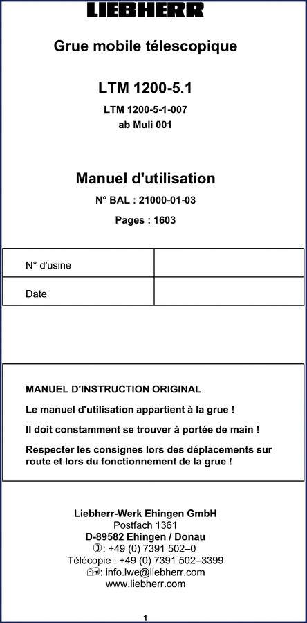 Liebherr LTM 1200-5.1 Operating Manual front cover – 1662 pages, OEM factory document