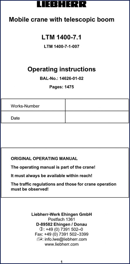 Liebherr LTM 1400-7.1 Operators Manual cover page showing mobile crane with telescopic boom