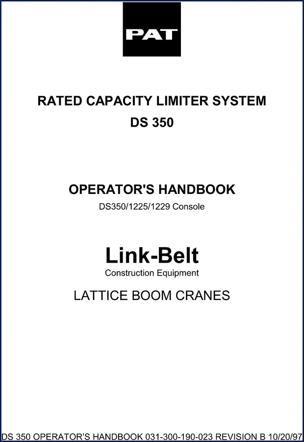 Link-belt DS350 1225 1229 1997 operators manual cover showing rated capacity limiter system