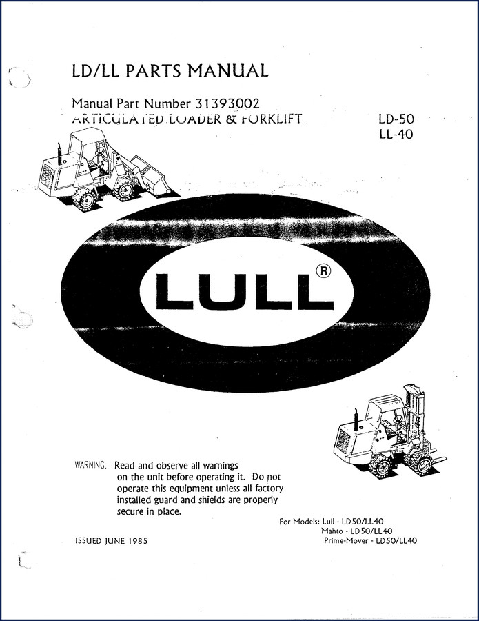 Lull LD-50 and LL-40 1985 Parts Catalog cover page showing articulated loader and forklift