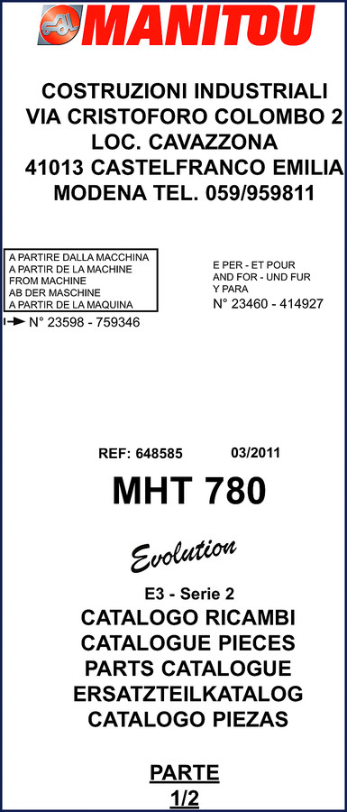 Manitou MHT 780 2011 Parts Catalog cover - 552 pages factory OEM