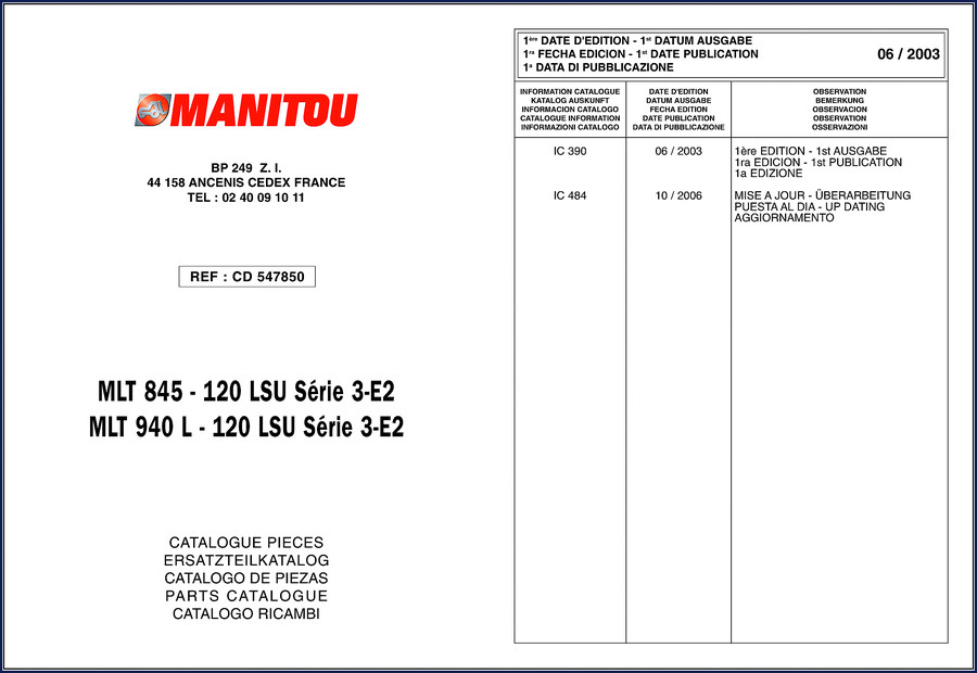 Manitou MLT 845 MLT 940 2003 Parts Catalog cover page