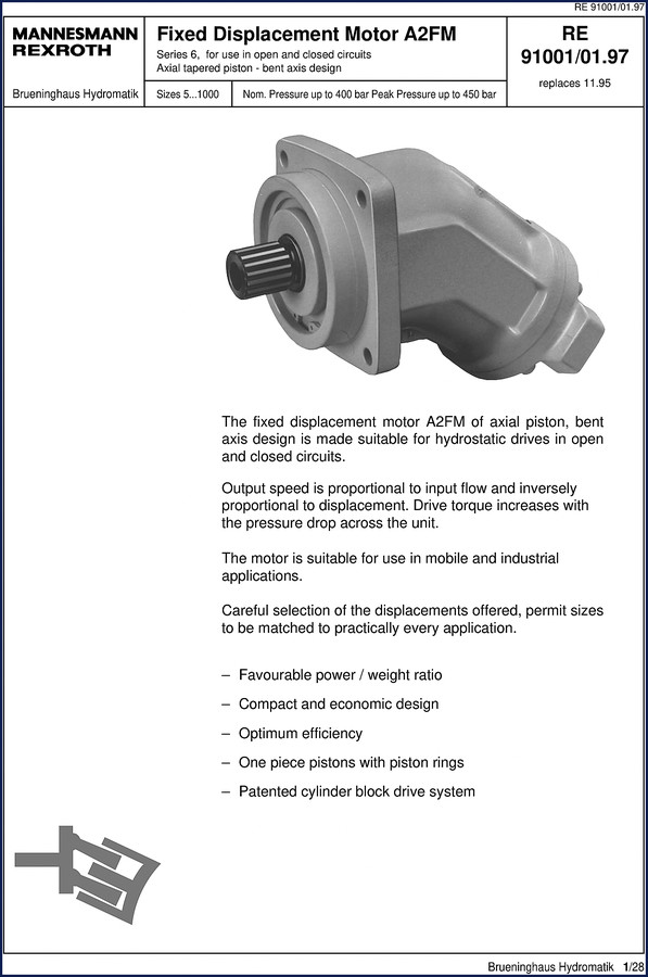 Hirschmann A2FM Technical Manual cover page – 28 pages factory spec for fixed displacement motor