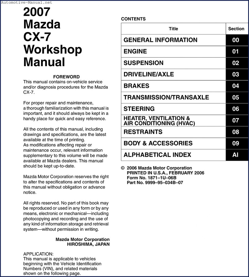 2006 Mazda CX-7 Workshop Manual cover - OEM factory repair documentation