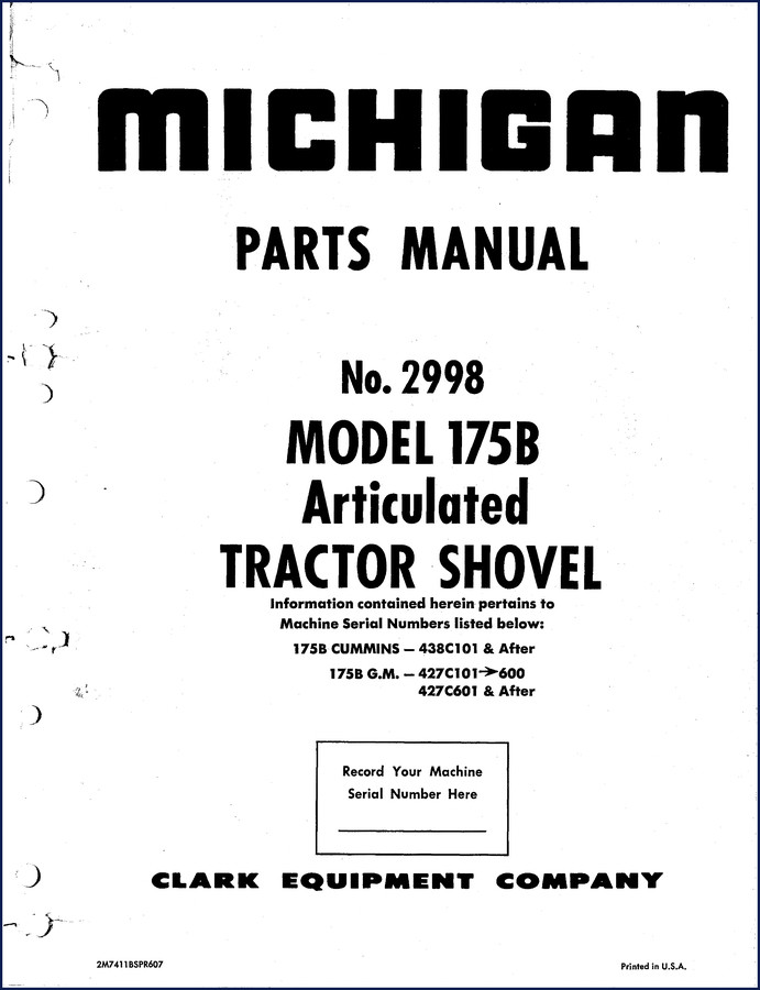 Michigan 175B Parts Catalog cover page showing model and serial number range