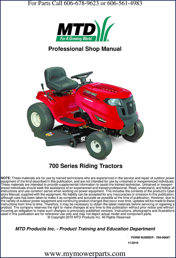 MTD 700 series 2010 repair manual cover showing 700 series riding tractor