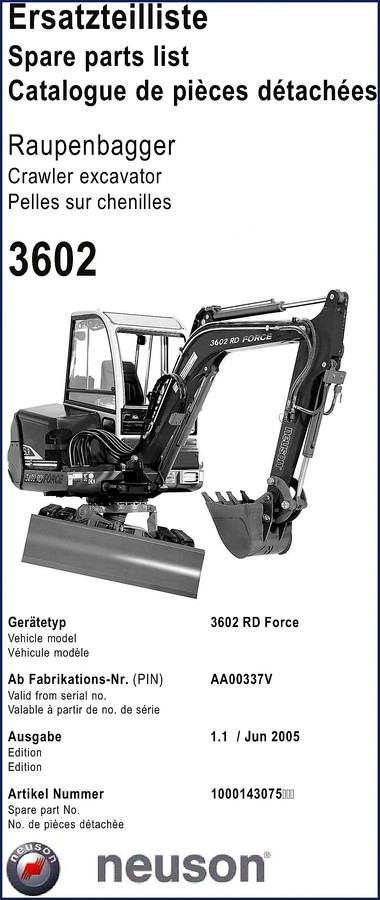 Neuson 3602 RD Force 2005 Parts Catalog cover image