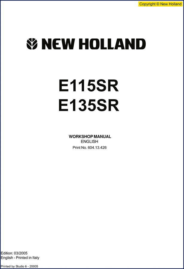 2005 New Holland E115SR E135SR workshop manual cover showing excavator model and print number 604.13.426