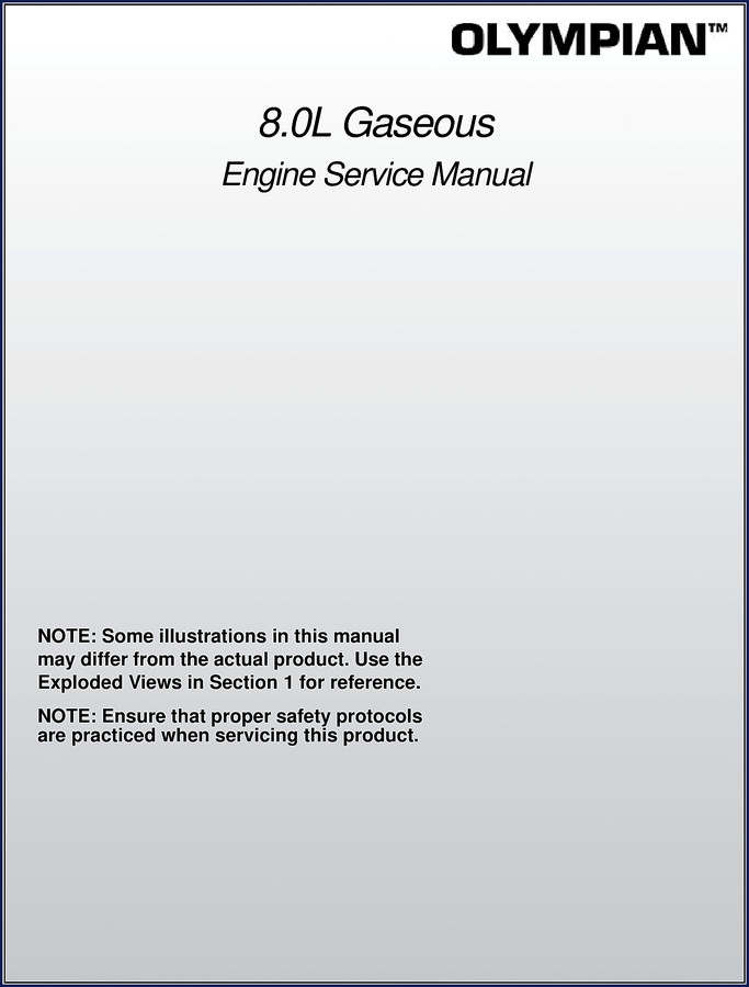 Olympian 8.0L Gaseous Engine Service Manual cover page showing engine cutaway