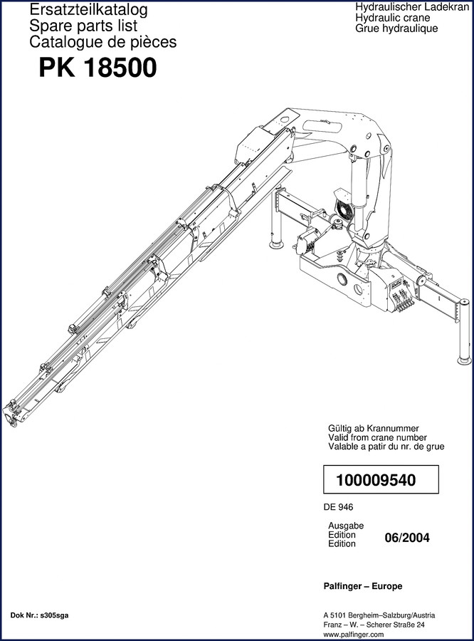 2004 Palfinger PK 18500 Parts Catalog cover showing crane diagram and part numbers