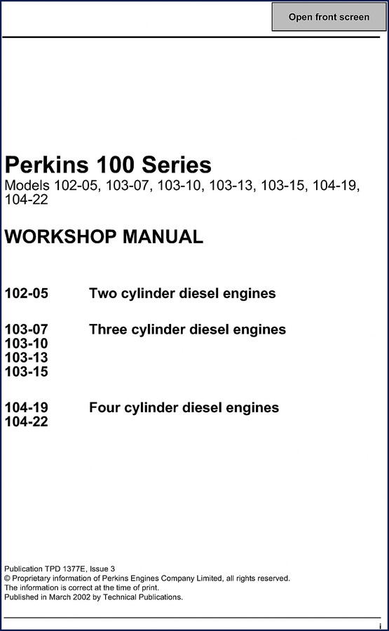 Perkins 102-05, 103-07, 103-10, 103-13, 103-15 2002 Workshop Manual cover page