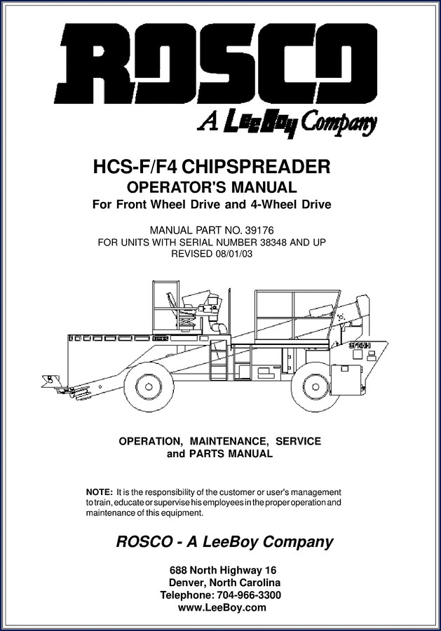 Rosco HCS-F/F4 2003 Operators Manual cover for chipspreader
