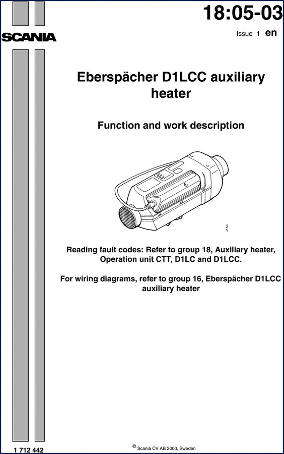 Scania D1LCC D1LC auxiliary heater 2000 workshop manual cover page OEM specification