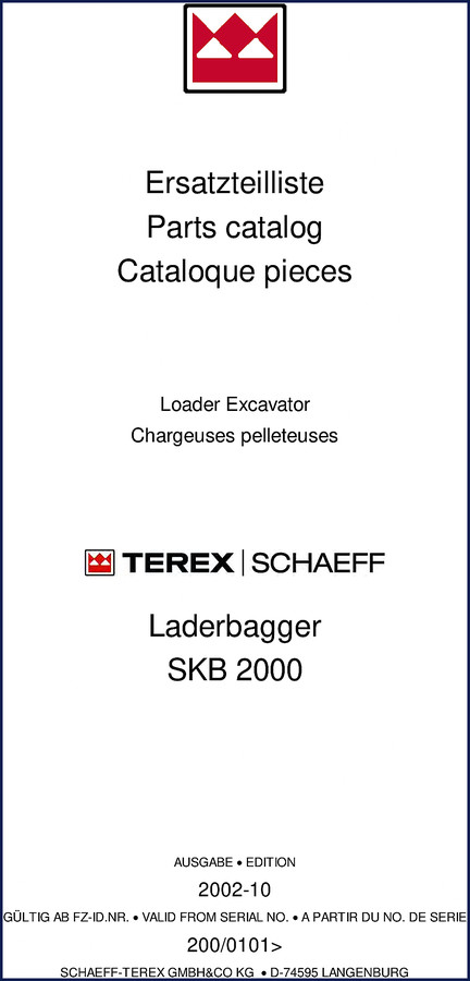 Schaeff SKB 2000 2002 Parts Catalog cover showing loader excavator