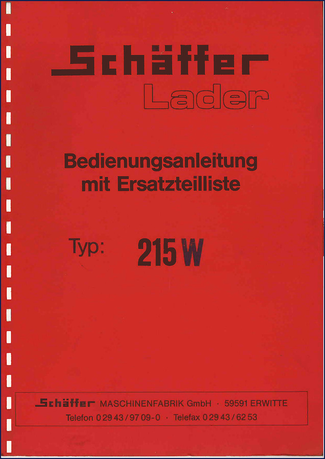 Schäffer 215 W Operators Manual cover showing loader and parts list
