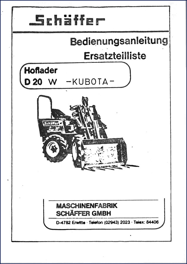 Schäffer D 20 W Hoflader Parts Catalog cover page showing factory part numbers and exploded views