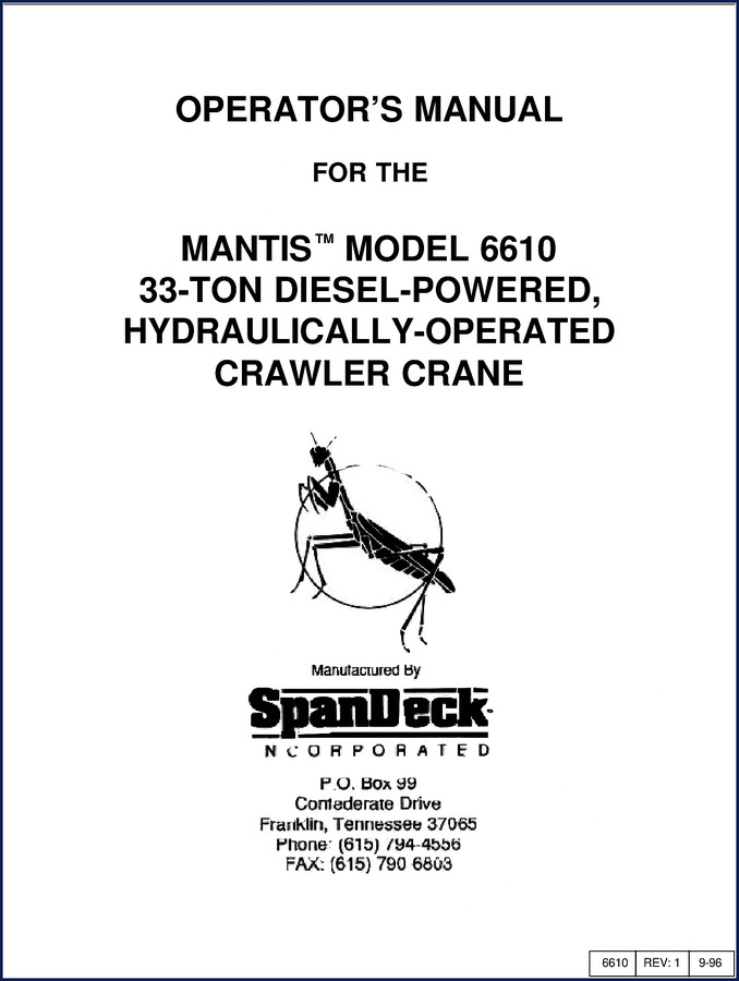 Spandeck 6610 1996 Operators Manual cover showing Mantis 33-ton crawler crane