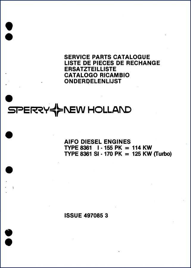 Sperry New Holland 8361 SI Parts Catalog cover page with AIFO diesel engine diagram