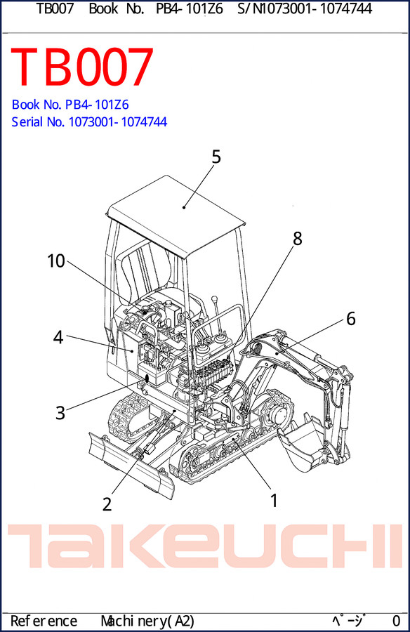Takeuchi TB007 Parts Catalog – 184 pages – serial number range 1073001-1074744