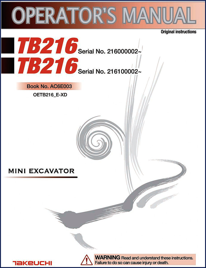 Takeuchi TB216 Operators Manual cover showing excavator and model designation