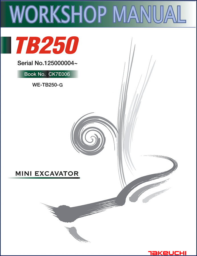 Takeuchi TB250 workshop manual cover showing mini excavator and 312 pages