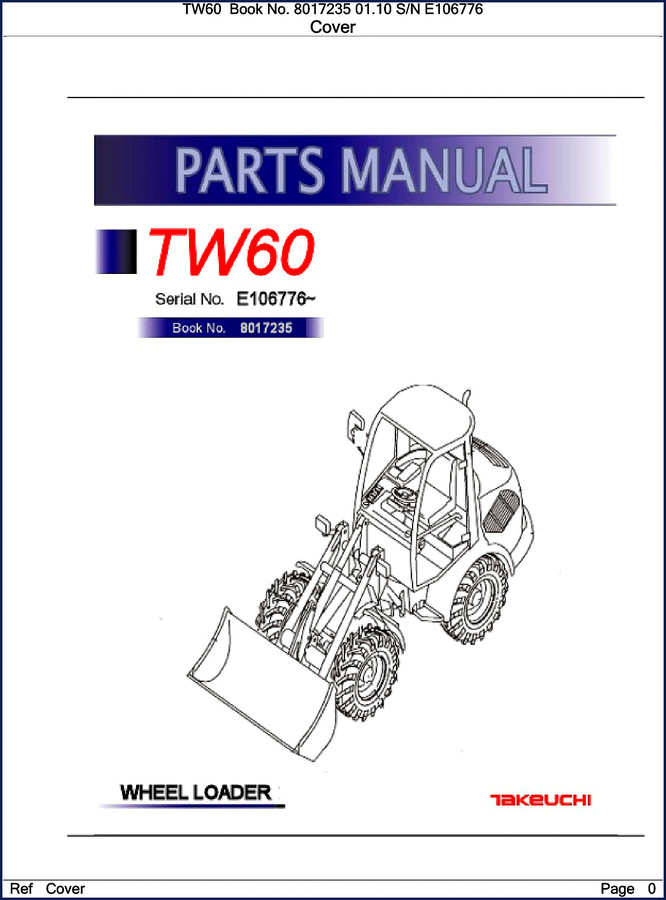 Takeuchi TW60 Parts Catalog cover – Book No. 8017235 – 118-page factory parts breakdown