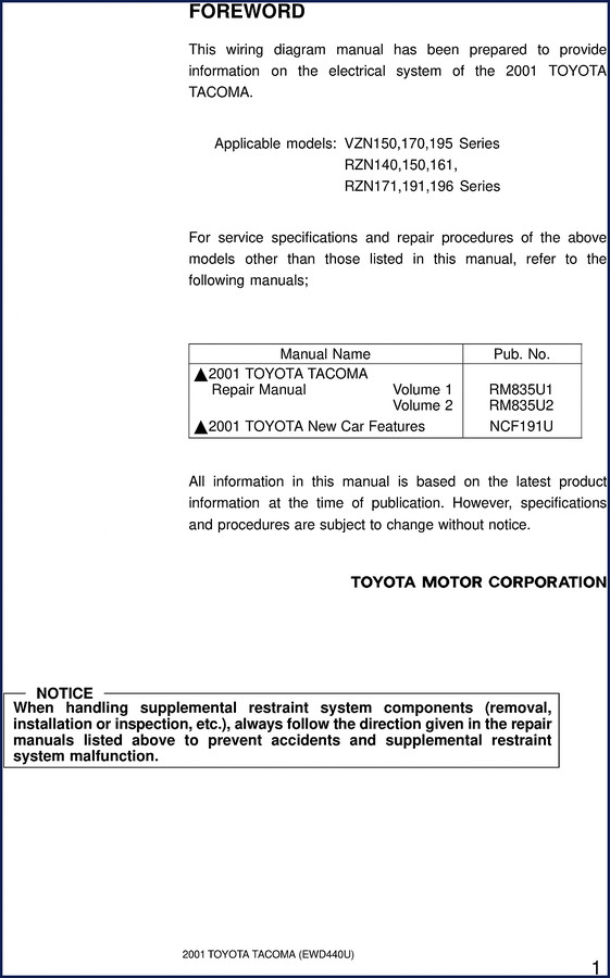 2001 Toyota Tacoma wiring diagram manual cover – VZN150 series OEM factory electrical guide
