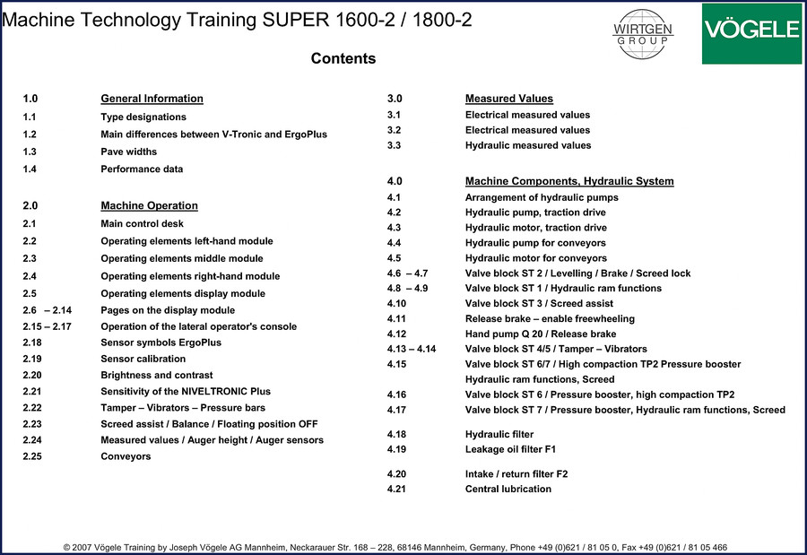 Vögele SUPER 1600-2 2007 Training Manual cover page