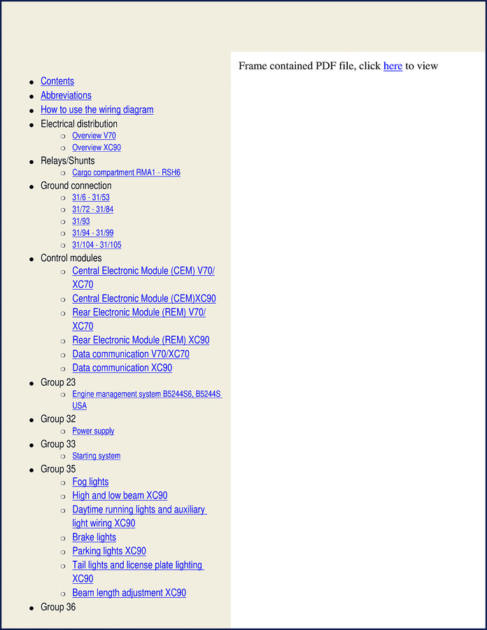 2003 Volvo V70 XC70 XC90 factory wiring diagram supplement cover page