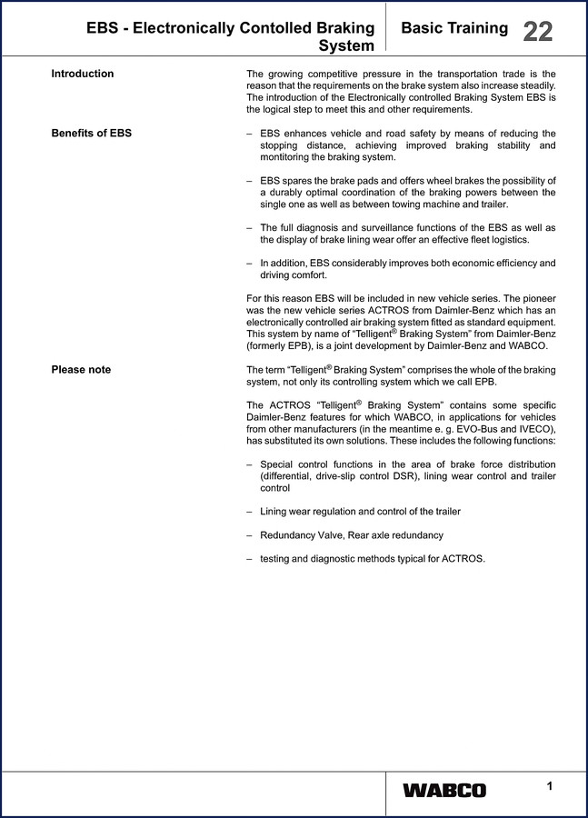 Meritor Wabco ACTROS Training Manual cover for EBS braking system - 39 pages