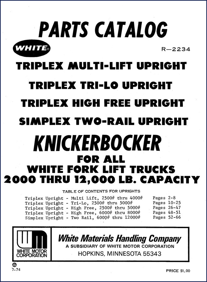 White TRIPLEX MULTI LIFT 1974 parts catalog cover showing mast assembly and part numbers