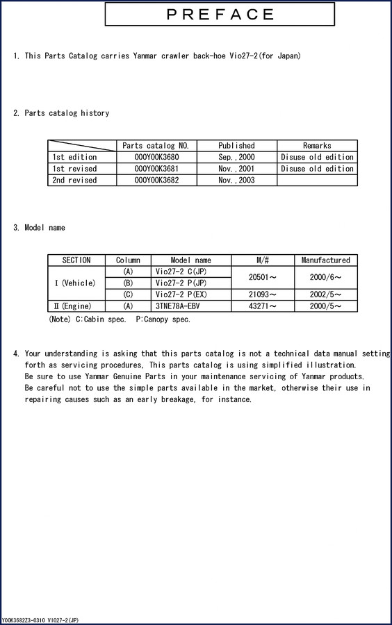 Yanmar Vio27-2 C Vio27-2 P Vio27-2 P(EX) 3TNE78A-EBV 2003 Parts Catalog cover