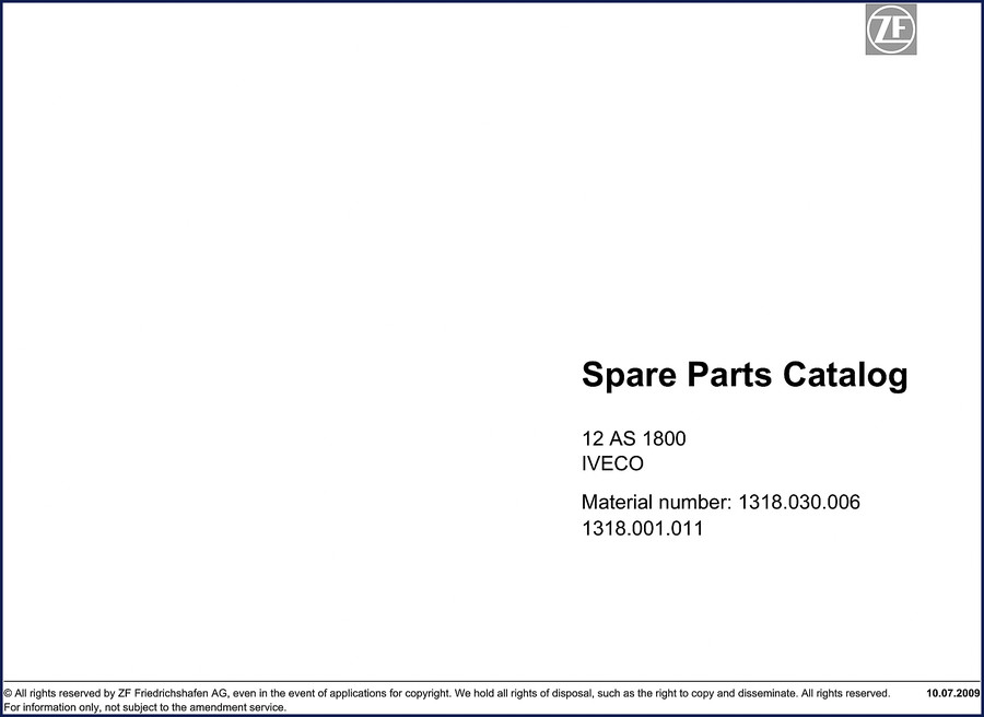 ZF 12 AS 1800 2009 Parts Catalog cover page IVECO transmission