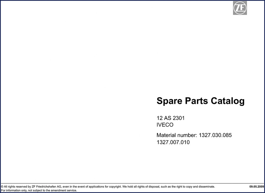 ZF 12 AS 2301 2009 Parts Catalog cover page showing transmission diagram and OEM part numbers