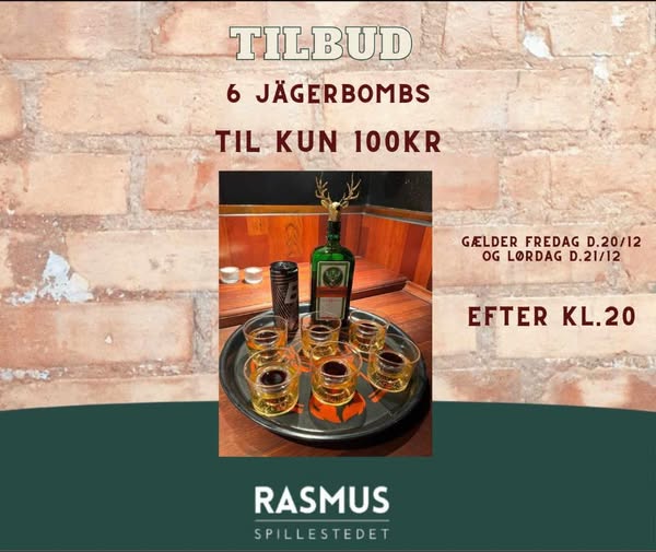 Spillestedet RASMUS | Nightcrawl.dk | 🔥TILBUD🔥

🪩Køb 6 Jägerbombs shots til kun 100kr🪩

Tilbud...