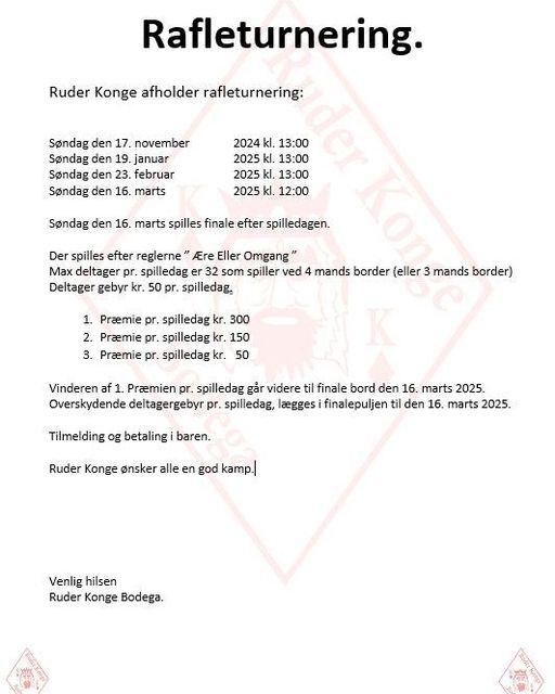 Ruder Konge Bodega | Nightcrawl.dk | Rafleturneringen starter 17. november 2024 kl.13.00
Tilmeld ...