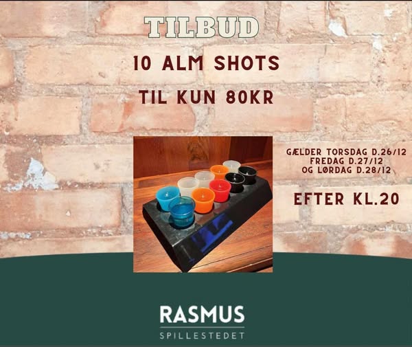 Spillestedet RASMUS | Nightcrawl.dk | 🔥TILBUD🔥

🪩Køb 10 Alm shots til kun 80kr🪩

Tilbuddet gæl...