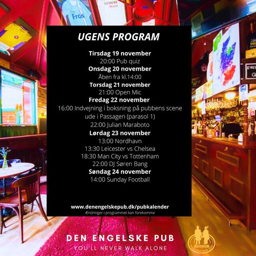 Den Engelske Pub | Nightcrawl.dk | 🎶🎉 UGENS PROGRAM 🎶🎉
Alt fra quiz, live musik, DJ, fodbol...