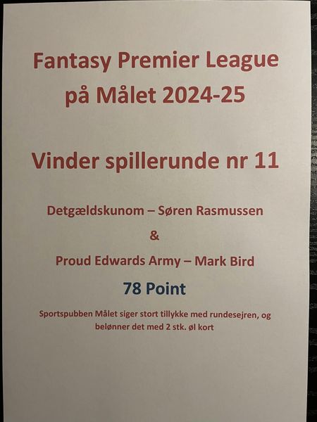 Sportspubben Målet | Nightcrawl.dk | Fantasy Premier League på Målet⚽️

Vinderne af runde 11 samt...