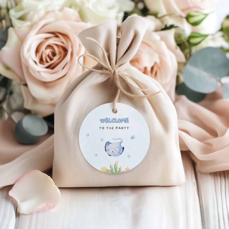 Overexposed favor bag mockup with a visible typo on the tag