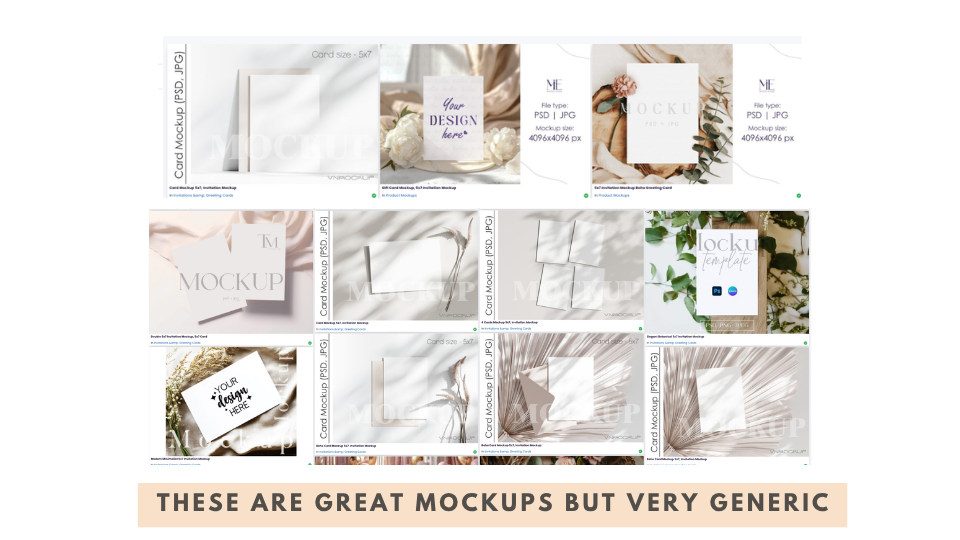 Grid of similar boho style stationery mockups in soft beige and cream, with a wide banner that reads: these are great mockups but very generic.