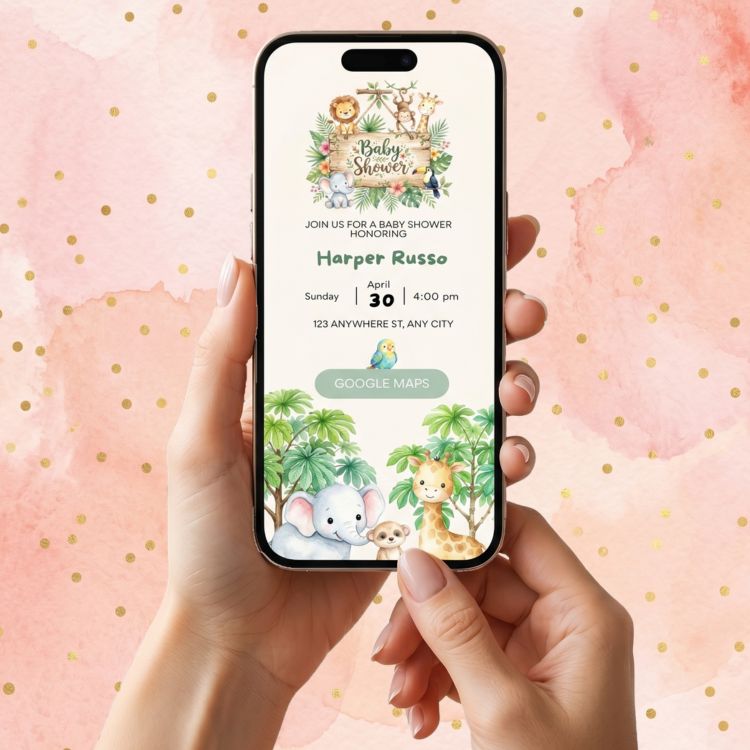 Animated baby shower website invite on a phone screen with cute animals and soft pastel colours, showing the wow factor of a digital invite.